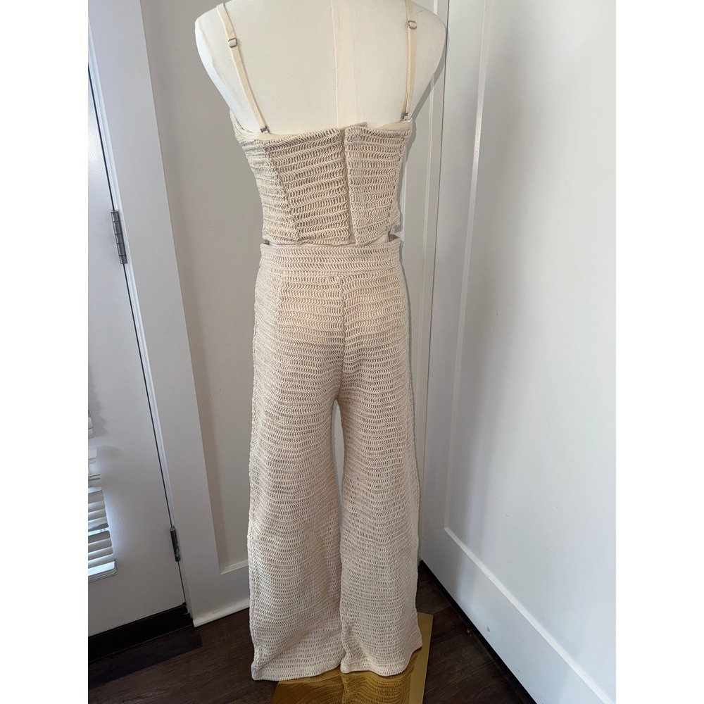 JLUXLABEL Beige Crochet Knit Bustier Wide Leg Pants Set M - Picture 4 of 8